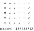Wi-Fi network connection level vector icon set. Wireless internet communication signs for mobile device interface. Web router cyberspace illustration isolated. No signal status. 138433742