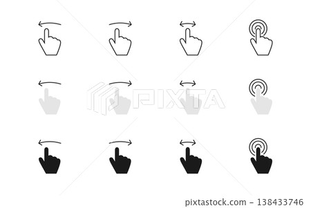 Swipe vector icon set. Left, right and click hand gesture illustration. Drag and move arrow sign. Touch, slide, scroll and tap pointer symbol. Advertising action swipe button for web or app interface Swipe vector icon set. Left, right and click hand gesture illustration. Drag and move arrow sign. Touch, slide, scroll and tap pointer symbol. Advertising action swipe button for web or app interface 138433746
