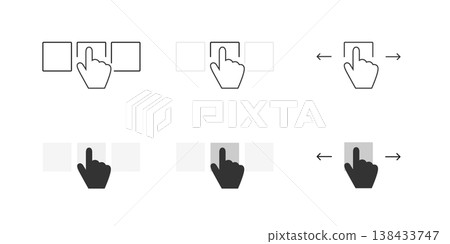 Leaf through gesture vector icon set. Turn or swipe symbol. Drag and move hand sign. Slide, scroll, click or tap illustration. Advertising or ecommerce action button isolated. Leaf through gesture vector icon set. Turn or swipe symbol. Drag and move hand sign. Slide, scroll, click or tap illustration. Advertising or ecommerce action button isolated. 138433747