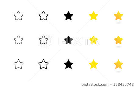 Gold star vector icon set. 5 stars rating sign. Sparkle gradient success or best quality symbol. Yellow award illustration. Gold star vector icon set. 5 stars rating sign. Sparkle gradient success or best quality symbol. Yellow award illustration. 138433748