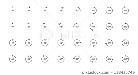 360 rotation angles icon set in flat design with elements for web site design and mobile apps. 60, 45 turn around spin signs or turn pictograms isolated. Full rotation circle. 360 rotation angles icon set in flat design with elements for web site design and mobile apps. 60, 45 turn around spin signs or turn pictograms isolated. Full rotation circle. 138433749