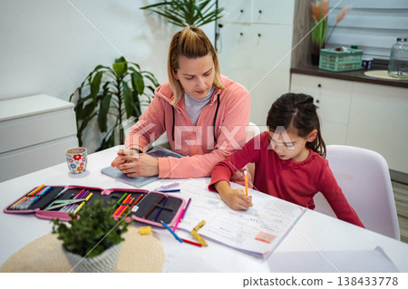 Mother and daughter studying at home doing homework Mother and daughter studying at home doing homework 138433778