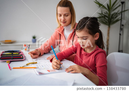 Mother and daughter learning together at home 138433780