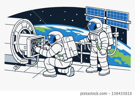 Astronauts Conducting Maintenance on Space Station Over Earth 138433818