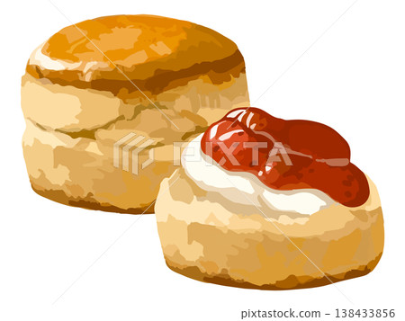 One scone and half a scone, split in half and topped with strawberry jam and clotted cream. 138433856