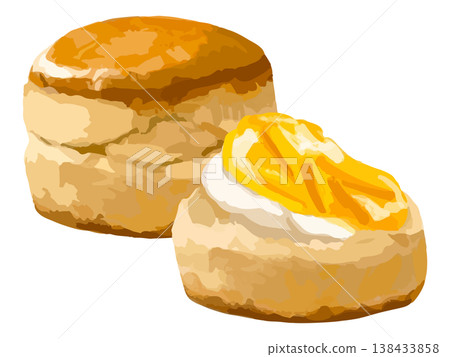 One scone and half a scone, split in half and topped with marmalade jam and clotted cream. 138433858