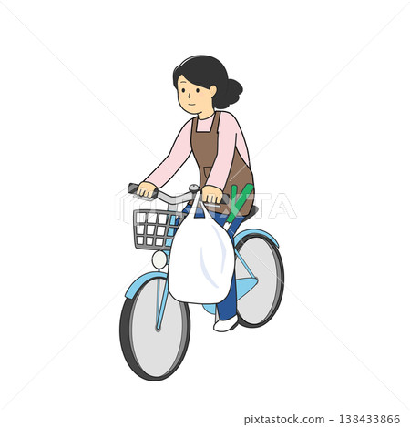 An illustration of a housewife riding a bicycle with bags hanging from the handlebars. Shopping, Violation, Danger An illustration of a housewife riding a bicycle with bags hanging from the handlebars. Shopping, Violation, Danger 138433866