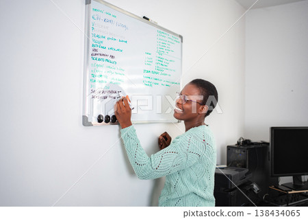 Happy woman writing task list on whiteboard in office Happy woman writing task list on whiteboard in office 138434065