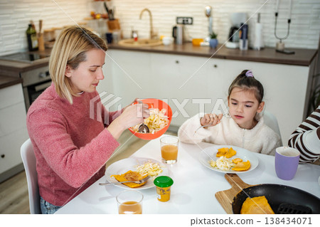 Mother and daughter enjoying healthy family meal Mother and daughter enjoying healthy family meal 138434071