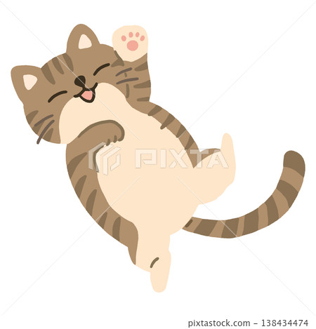 一幅可愛的向量插圖，描繪了一隻虎斑貓睡覺時露出肚皮的情景。 138434474