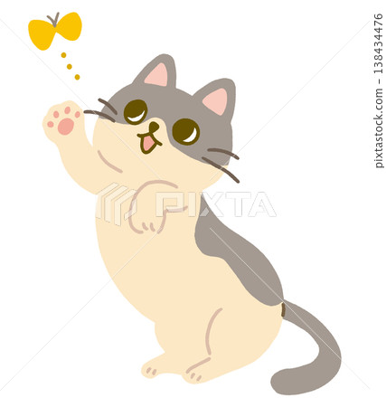 A cute vector illustration of a calico cat playing and chasing a butterfly. 138434476