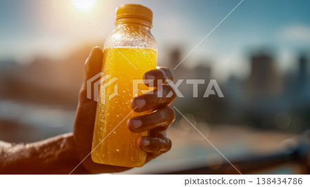 戶外陽光下，手中拿著一瓶柳橙汁。 138434786