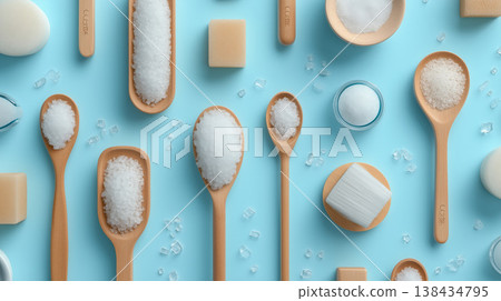 藍色背景上擺放著木匙、糖和鹽。 138434795