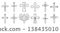 Decorated Christian crosses, black line icon set. Monochrome outline creative sign collection, isolated religious symbols, linear various cliparts 138435010