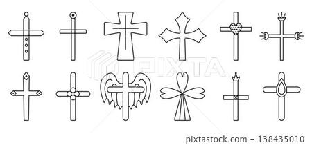 Decorated Christian crosses, black line icon set. Monochrome outline creative sign collection, isolated religious symbols, linear various cliparts 138435010
