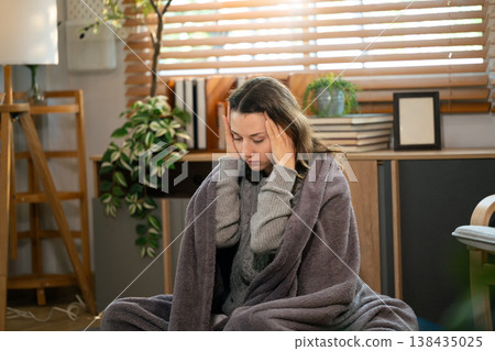 Health concept - sick caucasian woman having headache at home Health concept - sick caucasian woman having headache at home 138435025