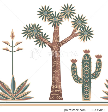 Stylized seamless pattern with blue agave, Joshua tree, and Saguaro cactus. Border drawing in tribal etno style. Vector isolated illustration. 138435043