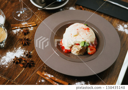Strawberry almond cream cake with whipped topping Strawberry almond cream cake with whipped topping 138435148