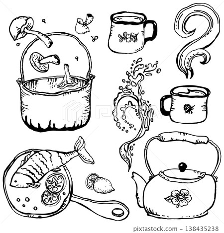 Tourist utensils with various products 138435238
