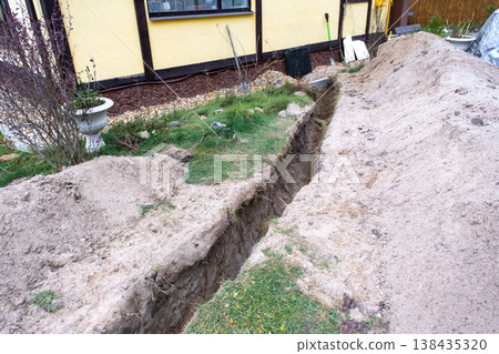 Trench containing insulated water pipeline, groundwork, plumbing laying, utility construction, protection, site repairwork, backfill, installation, improvement. Trench containing insulated water pipeline, groundwork, plumbing laying, utility construction, protection, site repairwork, backfill, installation, improvement. 138435320