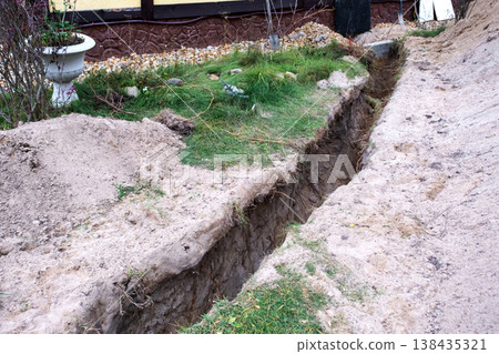 Ground trench for insulated plumbing pipes, water supply, construction installation, coverage, repairwork, utility pipe laying, house improvement, maintenance, base. Ground trench for insulated plumbing pipes, water supply, construction installation, coverage, repairwork, utility pipe laying, house improvement, maintenance, base. 138435321