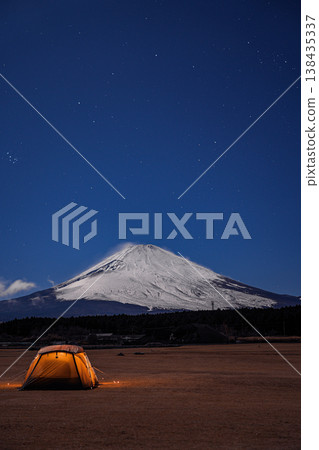 Illuminated tents and the night view of Mt. Fuji 138435337