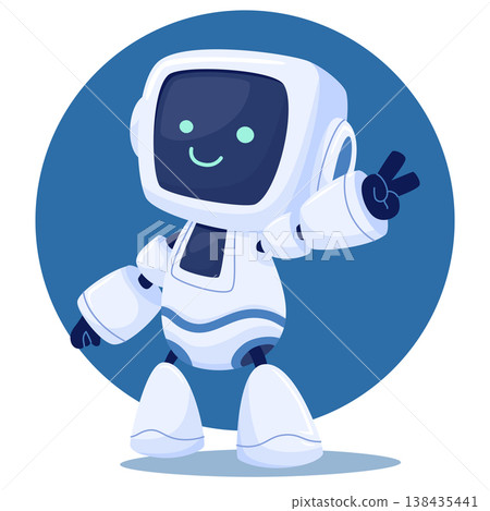 A cute, white cartoon android character with a screen for a face. The robot shows a V sign and enjoy A cute, white cartoon android character with a screen for a face. The robot shows a V sign and enjoy 138435441