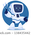 cute android character with screen for a face. The robot makes an important remark, draws attention 138435442