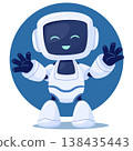 A cute cartoon android character with a screen for a face. The robot is happy and waving its arms 138435443