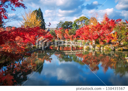 bridge across pond to Eikando shrine with autumn leaf colors, Kyoto 138435567