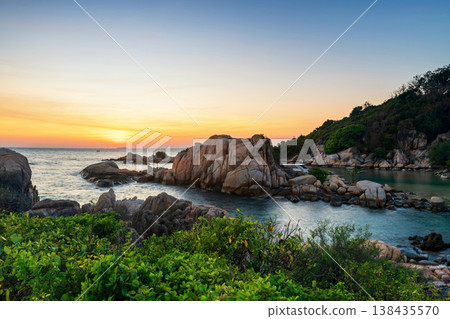 Aerial seascape view of stone cliff  at sunset, Ko Man Klang, Rayong 138435570