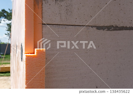 House wall external insulation, foam board panels, facade thermal renovation, adhesive fixing, waterproofing, energy-saving construction, setup and sheathing. 138435622