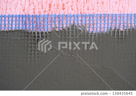 Facade mesh plastering, exterior wall stucco with reinforcement, coverage, insulation system, wall protection, finishing, masonry, construction site repair. 138435645