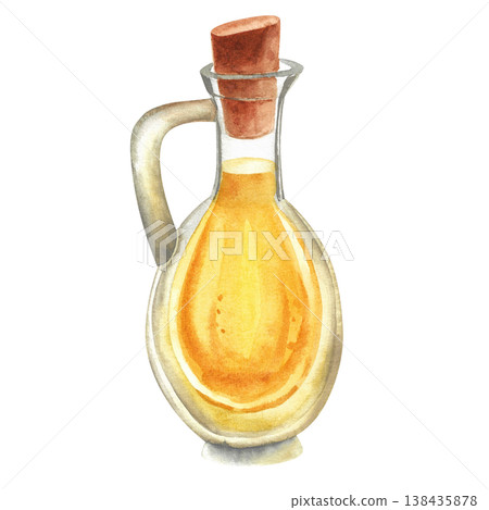 Olive oil in a glass bottle with a cork, watercolor isolated illustration. Hand drawn Mediterranean cuisine clip art in a simple rustic style for food festival design. 138435878