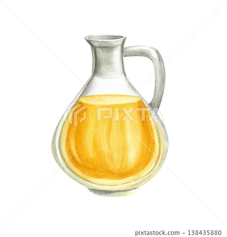 Olive oil in a glass bottle, isolated watercolor illustration. Hand drawn Mediterranean cuisine clip art in a simple rustic style and sunny tones for food festival design. Olive oil in a glass bottle, isolated watercolor illustration. Hand drawn Mediterranean cuisine clip art in a simple rustic style and sunny tones for food festival design. 138435880