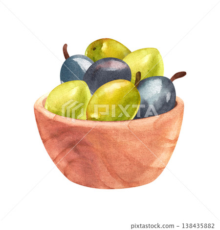 Ripe green and dark olive fruits in a wooden bowl, watercolor illustration isolated. Hand drawn Mediterranean plants clip art in a simple rustic style for food festival design. Ripe green and dark olive fruits in a wooden bowl, watercolor illustration isolated. Hand drawn Mediterranean plants clip art in a simple rustic style for food festival design. 138435882