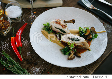 Exquisite Gourmet Chicken Dish Featuring a Savory Herb Filling and Colorful Vegetable Garnish Exquisite Gourmet Chicken Dish Featuring a Savory Herb Filling and Colorful Vegetable Garnish 138435918