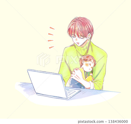 A man smiles while operating a laptop computer while holding his child. A man smiles while operating a laptop computer while holding his child. 138436000
