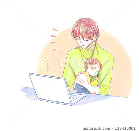 一名男子一邊抱著孩子,一邊操作筆記型電腦,臉上帶著笑容。 一名男子一邊抱著孩子,一邊操作筆記型電腦,臉上帶著笑容。 138436001