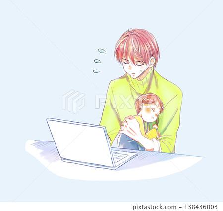 A man is using a laptop while holding his child; it's a difficult situation. A man is using a laptop while holding his child; it's a difficult situation. 138436003