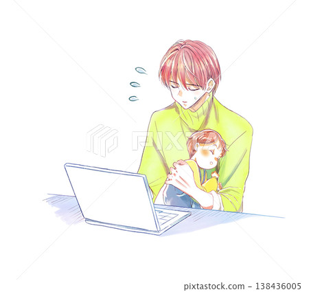 A man is using a laptop while holding his child; it's a difficult situation. A man is using a laptop while holding his child; it's a difficult situation. 138436005