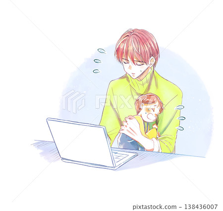 A man is using a laptop while holding a crying child; it's a difficult situation. 138436007