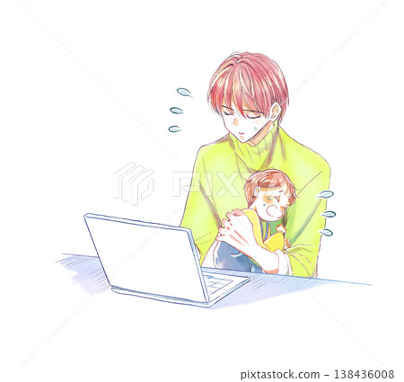 A man is using a laptop while holding a crying child; it's a difficult situation. A man is using a laptop while holding a crying child; it's a difficult situation. 138436008
