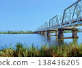 一座桁架橋在藍天下延伸，河岸景色優美。 138436205