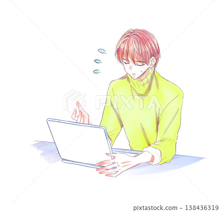 一名驚慌失措的男子正在使用筆記型電腦。 138436319