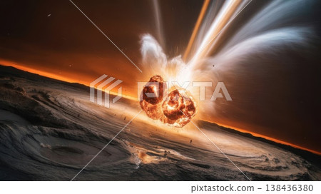 Two Celestial Bodies Collide Creating Explosions and Light in Outer Space Environment 138436380