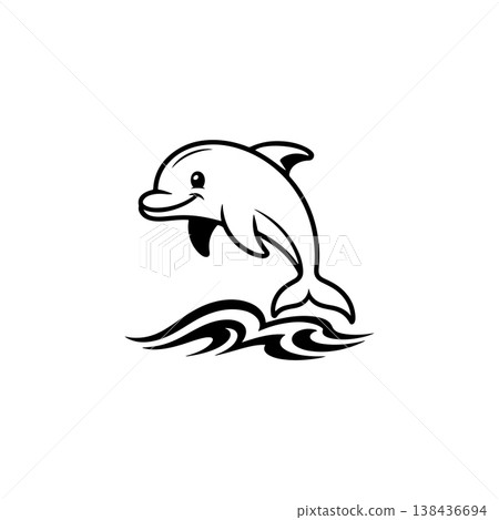 A simple black and white vector drawing of a cute friendly smiling dolphin jumping out of the water over tribal styled waves. The style is bold and linear. A simple black and white vector drawing of a cute friendly smiling dolphin jumping out of the water over tribal styled waves. The style is bold and linear. 138436694