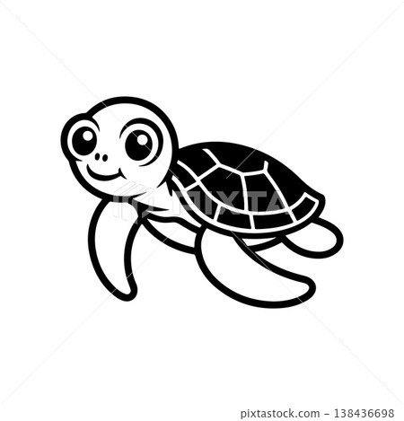 A simple black and white vector drawing of a cute friendly baby sea turtle swimming or floating. The marine animal has a large shell and a happy smiling face. A simple black and white vector drawing of a cute friendly baby sea turtle swimming or floating. The marine animal has a large shell and a happy smiling face. 138436698
