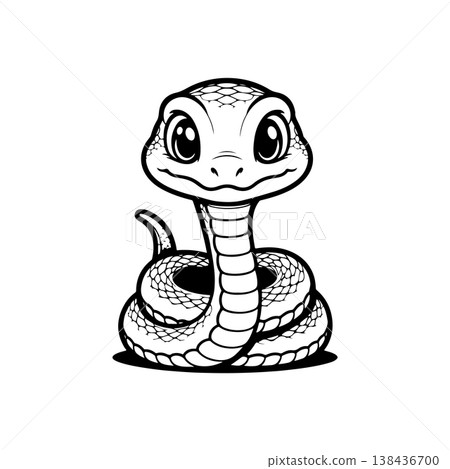 A simple black and white vector drawing of a cute happy friendly coiled cartoon snake mascot with large eyes and tongue flicking out. The style is childlike and minimalist. 138436700