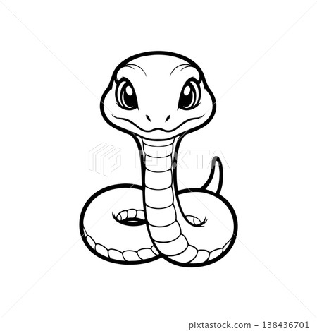 A simple black and white vector drawing of a cute happy friendly coiled cartoon snake mascot with large eyes and tongue flicking out. The style is childlike and minimalist. A simple black and white vector drawing of a cute happy friendly coiled cartoon snake mascot with large eyes and tongue flicking out. The style is childlike and minimalist. 138436701